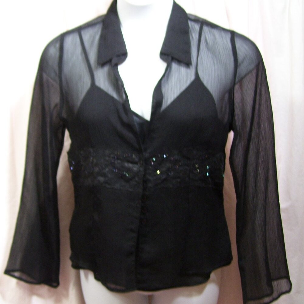 Gloria Vanderbilt Rich Black Sheer Blouse Set With Camisole Accent Bling Beads